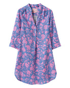Linen Decima dress in Iguana pink on blue print – breathable tropical shirt dress for beach to bar by Pink House Mustique