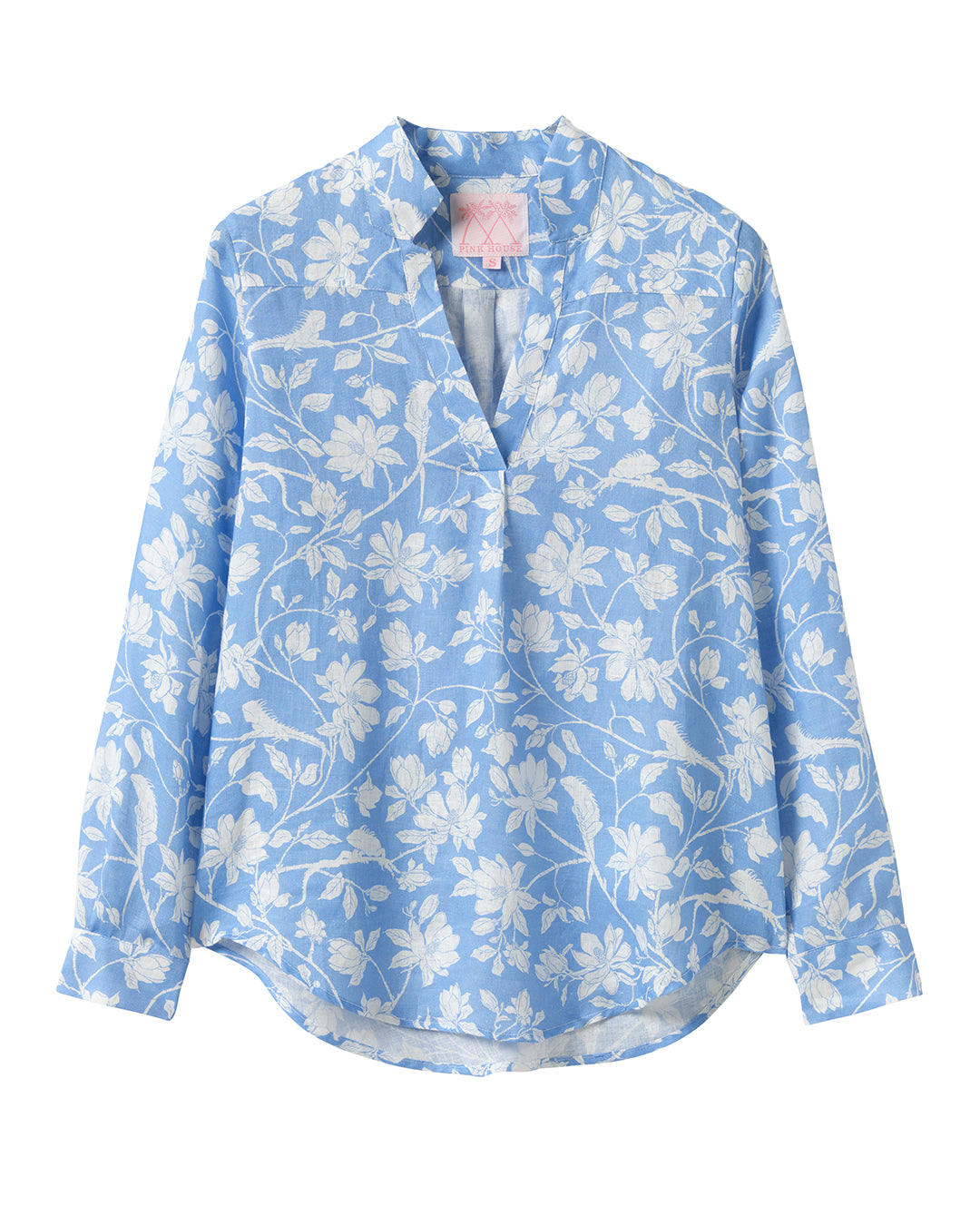 Women’s linen Kim blouse in Iguana blue print – lightweight floral shirt with V-neck and long sleeves for resort wear
