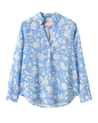 Women’s linen Kim blouse in Iguana blue print – lightweight floral shirt with V-neck and long sleeves for resort wear