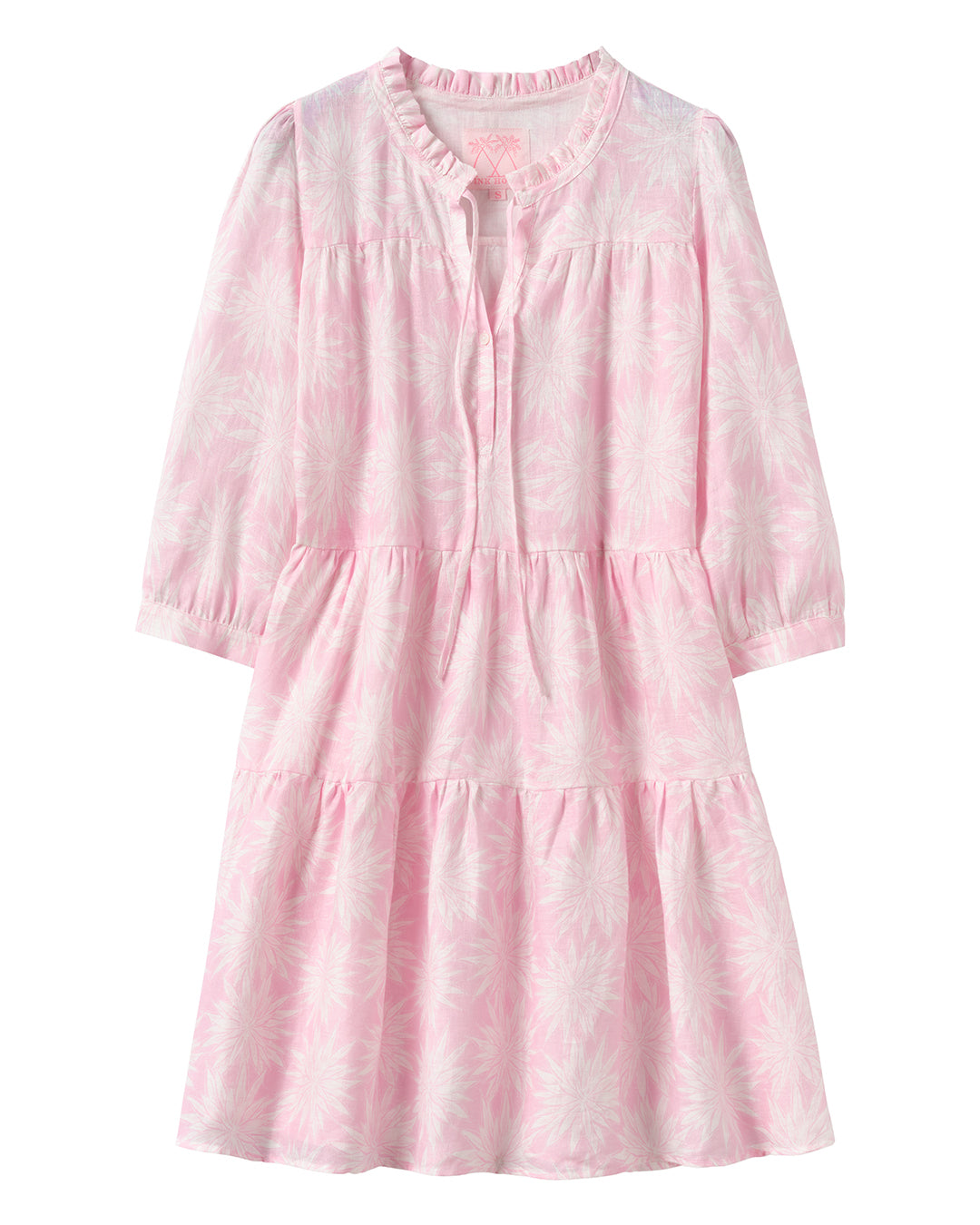 Women's pink Agave print tiered linen Amy dress – lightweight resort wear with ruffle collar, 3/4 sleeve and relaxed fit