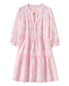 Women's pink Agave print tiered linen Amy dress – lightweight resort wear with ruffle collar, 3/4 sleeve and relaxed fit