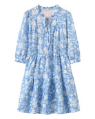 Women's blue Iguana print linen Amy tiered dress – breathable island style with floral pattern and ruffle collar detailing