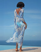 Back view of square-hem blue and white Turtle design chiffon silk kaftan by Lotty B Mustique – luxury swim cover-up