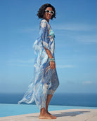 Holiday poolside cover up pure chiffon silk Turtle blue kaftan by designer Lotty B