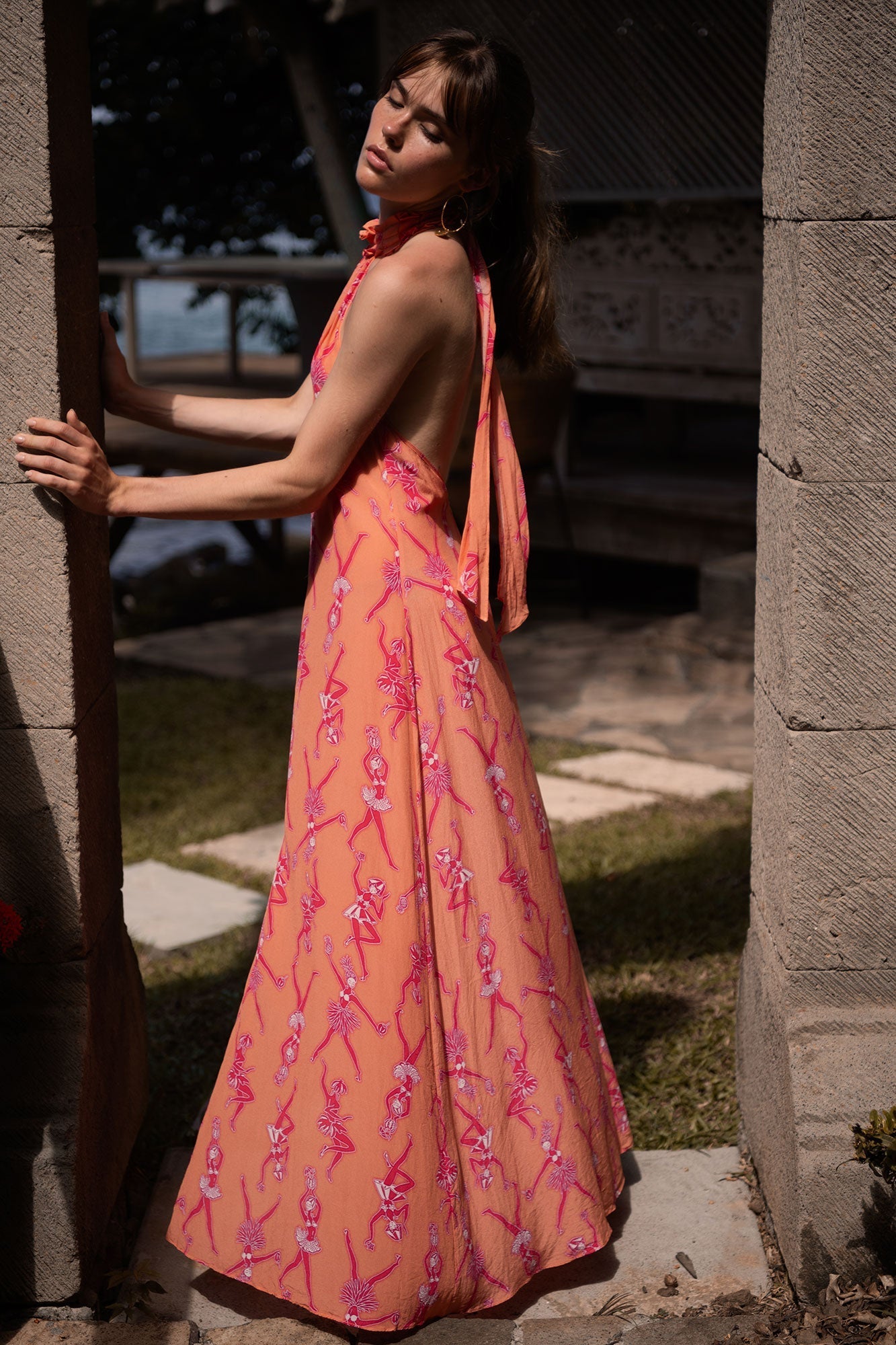 Long pure silk vacation dress in Fruit Punch sunset print by resortwear designer Lotty B