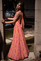 Long pure silk vacation dress in Fruit Punch sunset print by resortwear designer Lotty B
