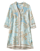 Pure silk buttoned shirt dress in pale blue and taupe Sand Dollar print by designer Lotty B for Pink House 