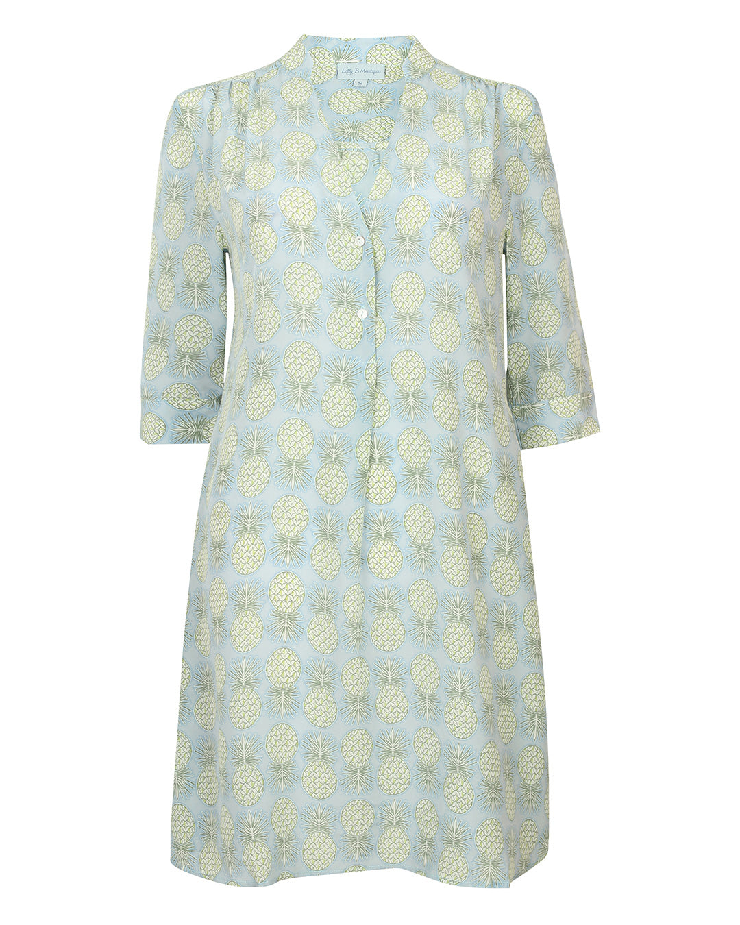 silk falred dress with pineapple print