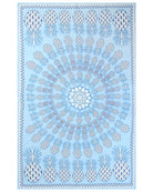 Flat lay of Lotty B silk crepe de chine sarong in Pineapple Blue print, luxury island resortwear handmade in Mustique.