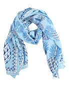 Luxury silk crepe de chine sarong in Lotty B Pineapple Blue print, hand-printed island design from Mustique.