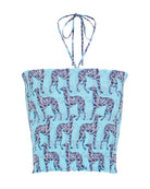 Shirred silk bandeau top in Lurcher aubergine & pale blue print by designer Lotty B Mustique 
