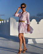 Luxury Agave Pink Amy tiered linen dress — elegant island evening look by Pink House Mustique.