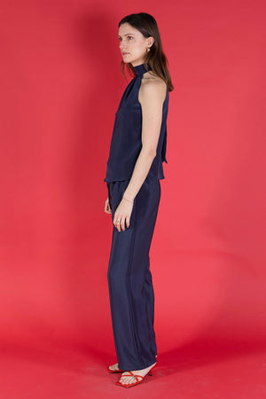 Designer pure silk Marina trousers in navy crepe de Chine worn with halterneck Olivia top from Pink House Atelier Collections - handmade made to order 