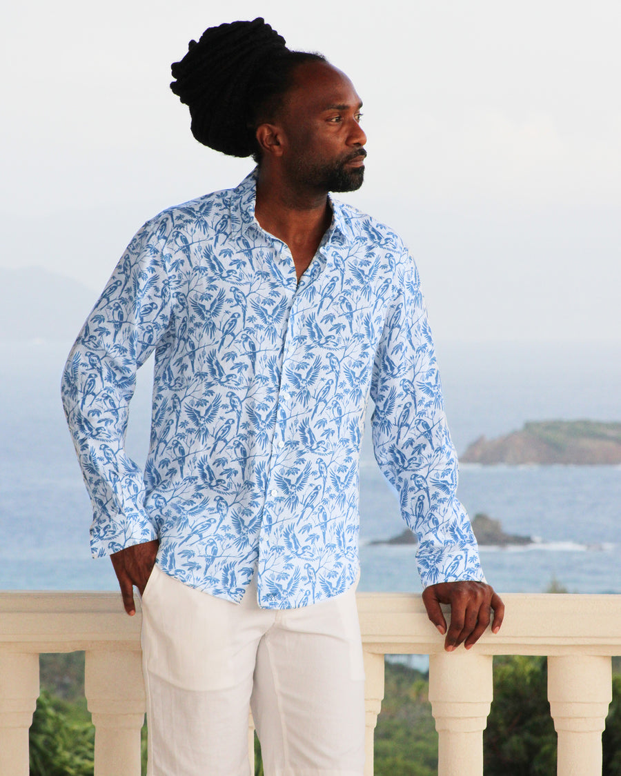 Men's linen shirt in blue Parrot print designer Lotty B Mustique