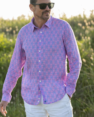 Premium men's linen shirt in blue and pink Shelltop print