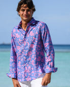 Luxury men’s Iguana Blue & Pink linen shirt with mother of pearl buttons and casual European fit.