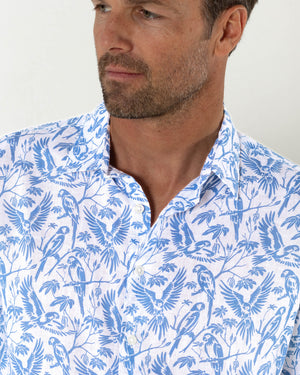 Men's casual linen shirt in blue Parrot print by designer Lotty B Mustique