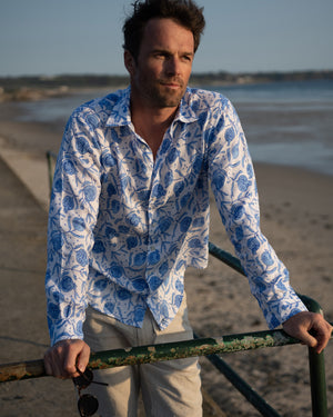 Beach style mens linen shirt in Pomegranate blue print by designer Lotty B