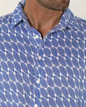 Luxury quality men's summer linen shirt in blue Striped Shell print designer Lotty B Mustique