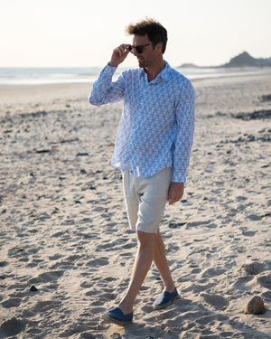 Beach style mens linen shirt in Shelltop blue print by designer Lotty B