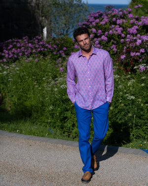 Colourful men's linen shirt in blue and pink Shelltop print