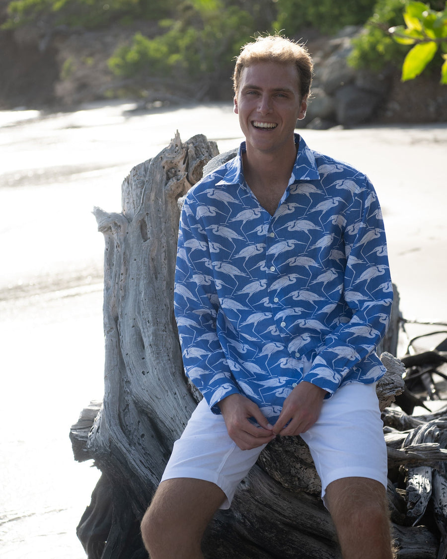 Mens Linen Shirt Blue Egret print by designer Lotty B Mustique