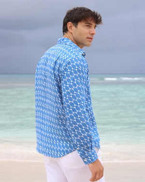 Men's linen vacation shirt in blue Striped Shell print designer Lotty B Mustique