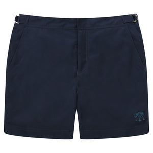 Mens plain navy blue tailored swim shorts designed by Lotty B for The Pink House Mustique