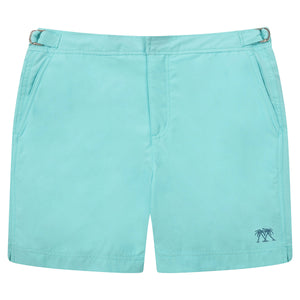 Mens plain turquoise blue tailored swim shorts designed by Lotty B for The Pink House Mustique