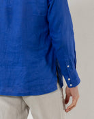 Mens dazzling blue linen shirt with buttoned cuffs, lightweight fabric and relaxed fit, collarless grandad Nehru style