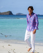 Men’s designer Iguana Blue & Pink linen shirt — soft pre-washed fabric, comfortable fit and superior quality cut.