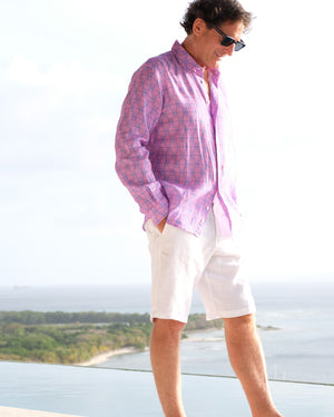 Vacation style men's linen shirt in blue and pink Shelltop print