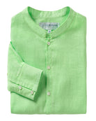 Mens linen collarless shirt in pistachio green with grandad Nehru collar and buttoned cuffs, lightweight resort wear