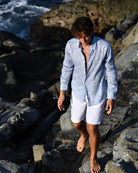 Men’s Coral Stone Blue linen shirt by Pink House Mustique, relaxed island beachwear style.