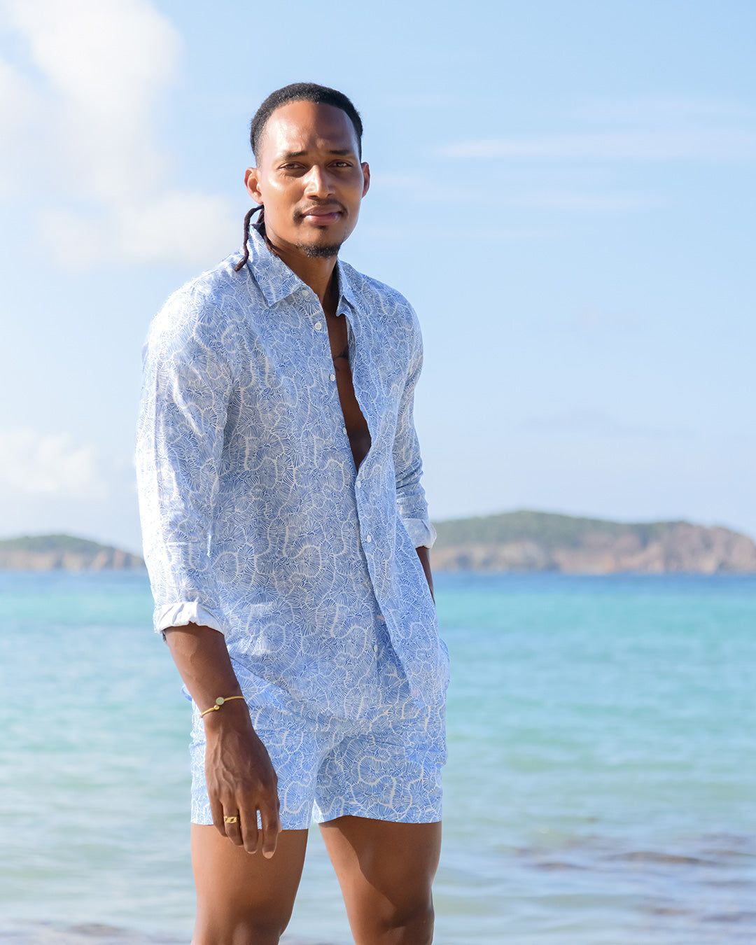 Men’s linen shirt in Coral Stone Blue print by Pink House Mustique, Resort 2026 island look.