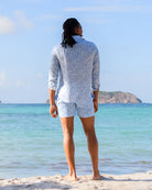 Men’s Coral Stone Blue linen shirt and matching shorts by Pink House Mustique, Mustique beach style.