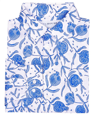 Mens linen shirt in Pomegranate blue print by designer Lotty B