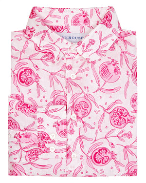Mens linen shirt in Pomegranate pink print by designer Lotty B