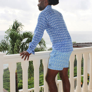 Men's tropical holiday swim shorts in blue Striped Shell print by designer Lotty B