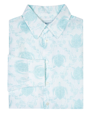 Mens linen shirt in aqua blue Turtle print by designer Lotty B Mustique