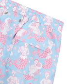 Back pocket detail of Pink House Mustique Mermaid Pink Blue swim shorts featuring the Oliver Messel inspired Mermaid print