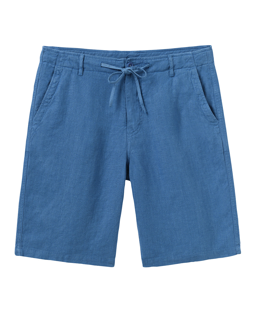 Mens mid blue linen shorts with drawstring waist, lightweight casual summer shorts with relaxed fit and side pockets