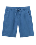 Mens mid blue linen shorts with drawstring waist, lightweight casual summer shorts with relaxed fit and side pockets
