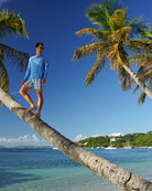 Mens palm stripe swim shorts blue white on palm tree Mustique luxury beach resortwear