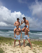 Mens palm stripe swim shorts blue playful beach lifestyle Mustique summer swimwear