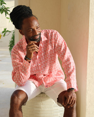 Summer style men's linen shirt in pink Striped Shell print designer Lotty B Mustique