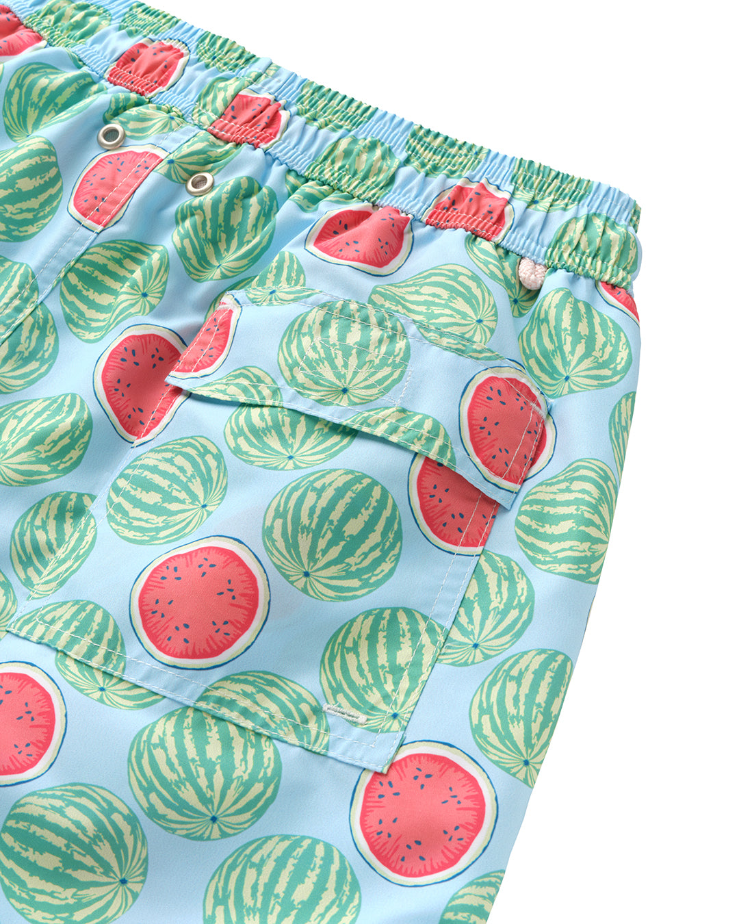 Men's Watermelon blue green swim shorts back pocket detail recycled quick dry swimwear