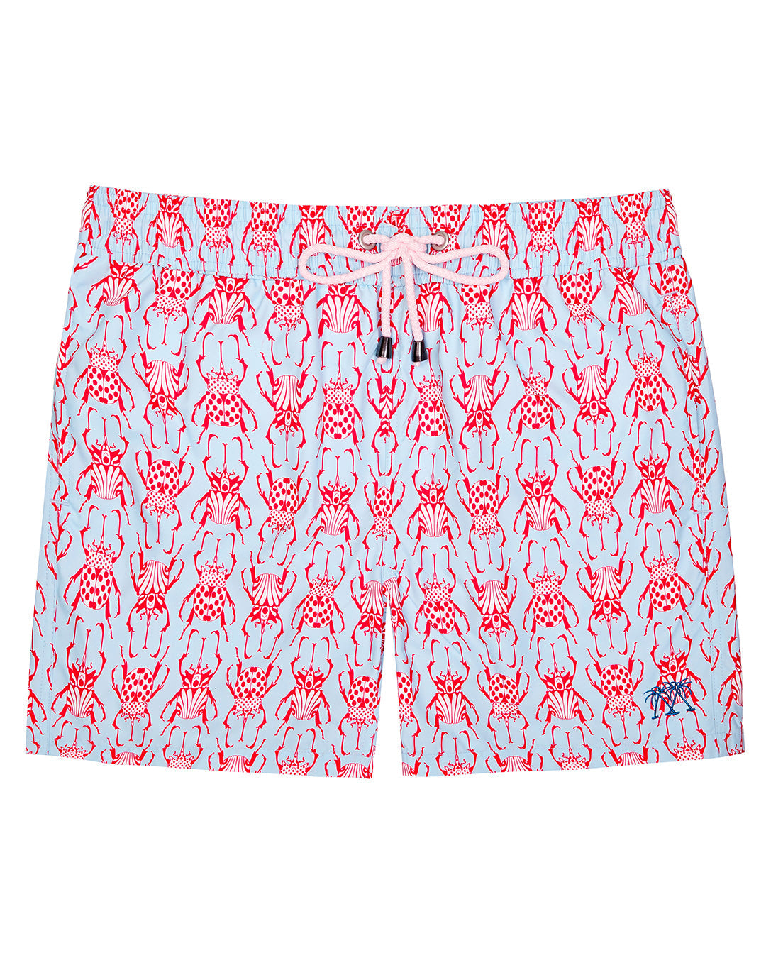 Men's swim shorts in red and pale blue Beetle print by Lotty B for Pink House