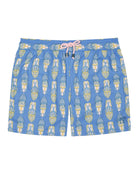 Men's recycled fabric blue swim shorts with yellow and blue Riva boat print by Lotty B