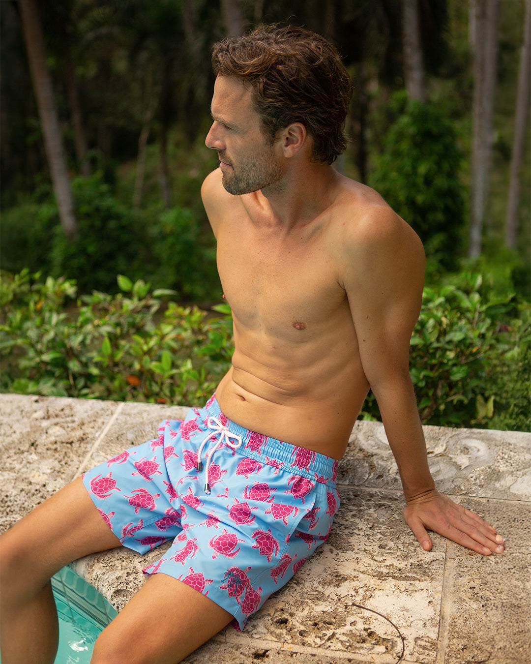 Mens turtle swim shorts pink blue poolside relaxed fit quick dry summer swimwear